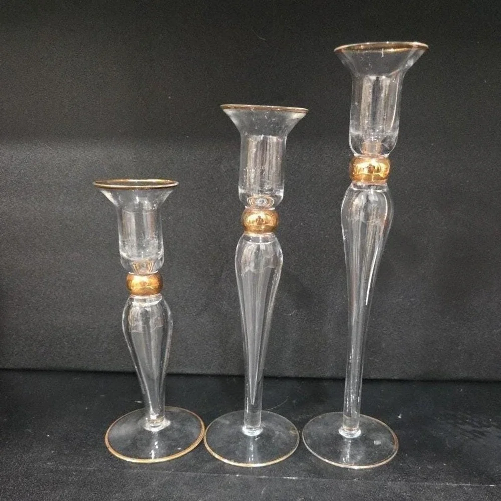 Long-Stemmed Fluted Glass Candlestick Holders, Set of 3 Vintage Gold-Rim Holiday